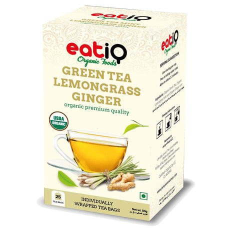 Eatiq Organic Foods Green Tea Lemongrass and Ginger Tea, 25 Bags - Eatiq Organic Food